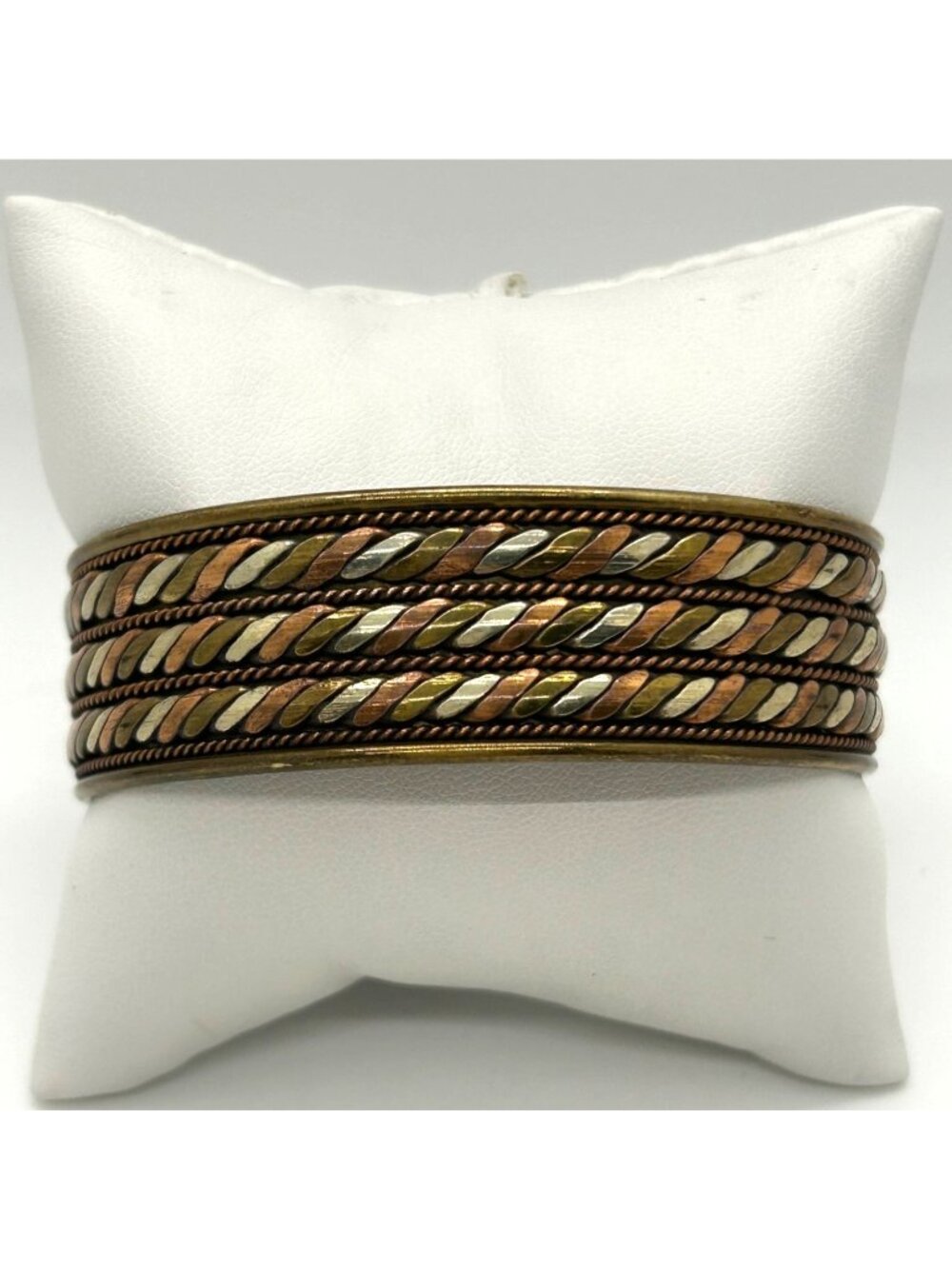 Vintage Adjustable Brass Copper & Silver-Tone Tricolor Cuff Bracelet 8" Unisex